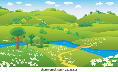 Summer Landscape, hills and the river on the plain, vector illustration