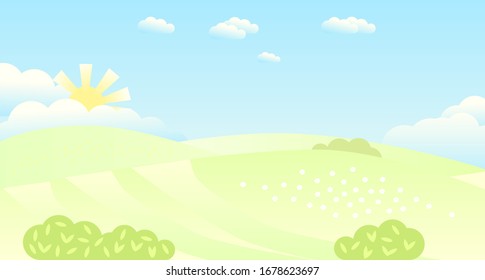 Paisaje de verano con colinas y sol. Ilustración vectorial.