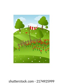 Summer landscape with hills, trees, hedge. Red and white flowers in a clearing. Red and white wind designator. Blue sky with clouds. Bright vector illustration. Vertical image on a white background. 
