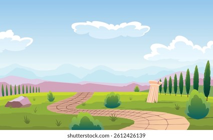 Summer landscape with historical landmark. Greek or roman building landscape. European architecture. Famous ancient architecture. Cartoon outdoor museum flat vector illustration