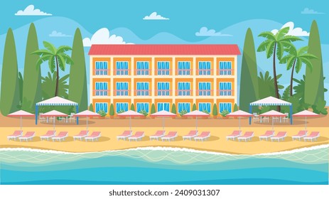 Summer landscape, hotel on the seashore, tropical plants, palm trees, beach with chaise-longue and umbrellas. Resort, sanatorium, beach vacation, relaxation. Vector illustration, background, banner