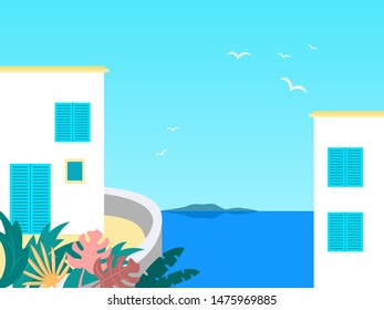 Summer landscape with hotel and sea. Vector illustration.