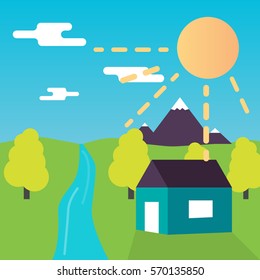 Summer landscape, house, forest, trees, mountains and river. colorful flat style vector illustration.