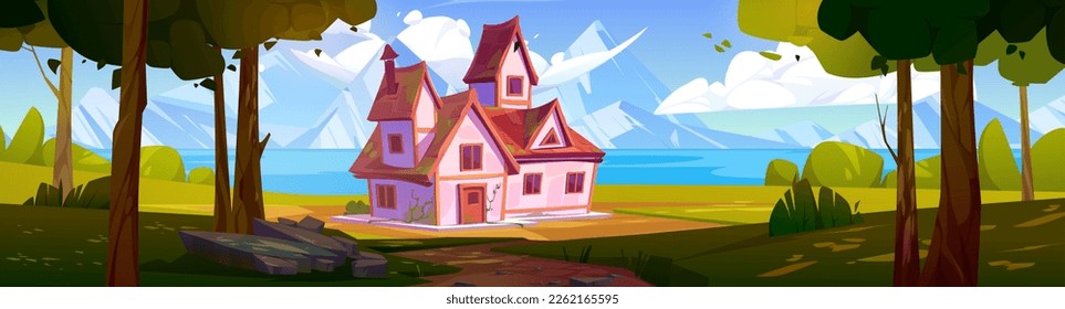 Summer landscape with house on lake coast, forest and mountains. Panoramic country scene of valley with river, rocks, cottage, green grass and trees, vector cartoon illustration