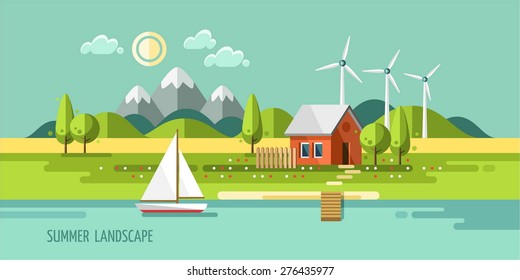 Summer landscape. House on the nature. Vector illustration in flat design style.