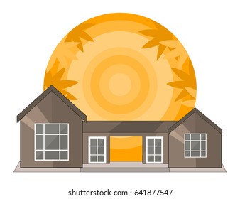 Summer Landscape With House, Shiny sun and Palm Trees  in Flat Design. Vector Illustration.