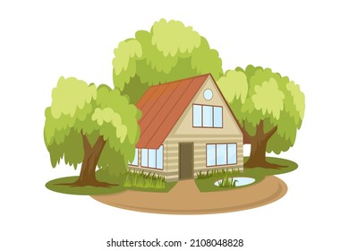 Summer landscape. House surrounded by trees. Vector background