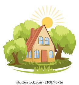 Summer landscape. House surrounded by trees. Vector background