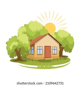 Summer landscape. House surrounded by trees. Vector background