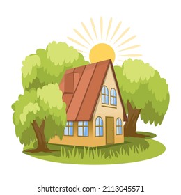 Summer landscape. House surrounded by trees. Vector background