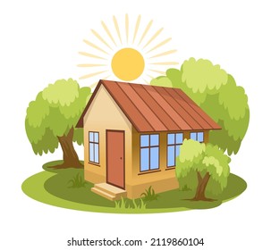 Summer landscape. House surrounded by trees. Vector illustration
