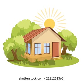 Summer landscape. House surrounded by trees. Vector illustration
