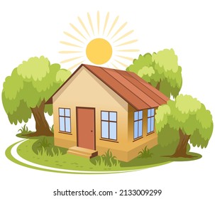 Summer landscape. House surrounded by trees. Vector illustration