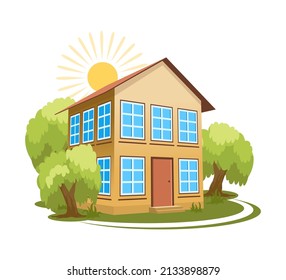 Summer landscape. House surrounded by trees. Vector illustration