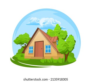 Summer landscape. House surrounded by trees. Vector illustration