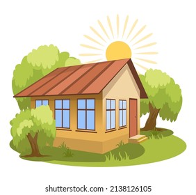 Summer landscape. House surrounded by trees. Vector illustration