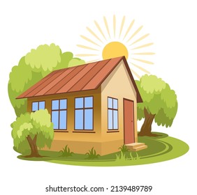 Summer landscape. House surrounded by trees. Vector illustration