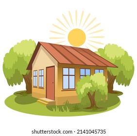 Summer landscape. House surrounded by trees. Vector illustration