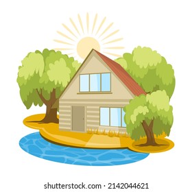 Summer landscape. House surrounded by trees. Vector illustration