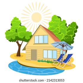 Summer landscape. House surrounded by trees. Vector illustration