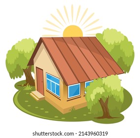 Summer landscape. House surrounded by trees. Vector illustration