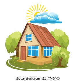 Summer landscape. House surrounded by trees. Vector illustration