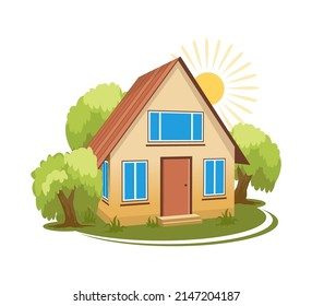 Summer landscape. House surrounded by trees. Vector illustration