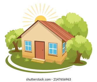Sommerlandschaft. Haus umgeben von Bäumen. Vektorgrafik
