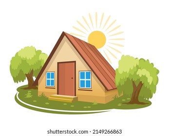 Summer landscape. House surrounded by trees. Vector illustration
