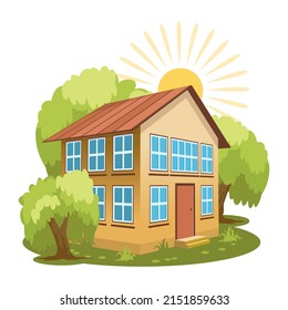 Summer landscape. House surrounded by trees. Vector illustration