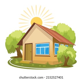 Summer landscape. House surrounded by trees. Vector illustration