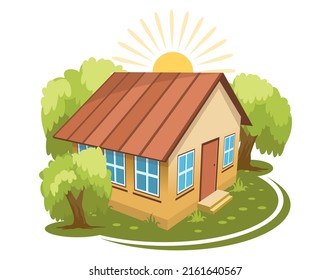 Paisaje veraniego. Casa rodeada de árboles. Ilustración del vector
