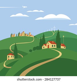 summer landscape with houses in the hills