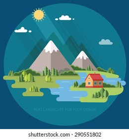 summer  landscape. Houses in the mountains among the trees, rest in a mountain village the lake and the river. Flat design style vector illustration.

