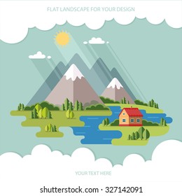 summer  landscape. Houses in the mountains among the trees, rest in a mountain village the lake and the river. Flat design style vector illustration.

