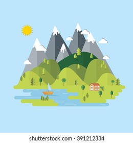 Summer landscape. Houses in the mountains among the trees, rest in a mountain village the lake and the river. Flat design style vector illustration.