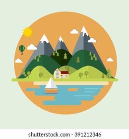 Summer landscape. Houses in the mountains among the trees, rest in a mountain village the lake and the river. Flat design style vector illustration.