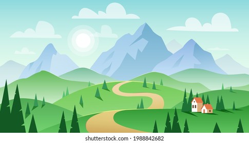 Summer landscape with houses, mountains, hills, trees. Flat vector illustration.
