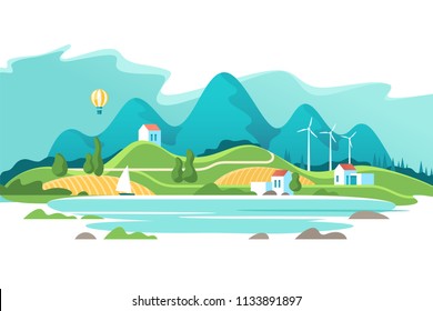 Summer landscape with houses on a background lake and of forest mountains. Vector illustration.