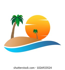 Summer landscape icon with orange sunset, with palm tree on sand hill on and white clouds .Holiday greeting for romantic trip with water.A sign for environmental 