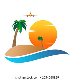 Summer landscape icon with orange sunset, with palm tree on sand hill on  with plane with engine flying and white clouds .Holiday greeting for romantic trip with water.A sign for environmental 