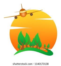 Summer landscape icon with orange sunset, with green deciduous tree on hill on with colorful aircraft flying and white clouds . Holiday greeting for a romantic trip. A sign for environmental 