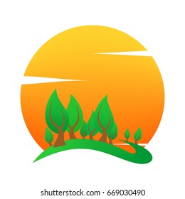 Summer landscape icon with orange sunset, with green deciduous tree on hill on and white clouds . Holiday greeting for a romantic trip. A sign for environmental