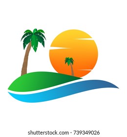 Summer landscape icon with orange sunset, with palm tree on hill and white clouds . Holiday greeting for a romantic trip with water. A sign for environmental 