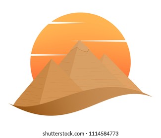 Summer Landscape icon with sunset and the Egyptian Pyramids of Giza in the Sand with white cloud and orange sun on a white background. 