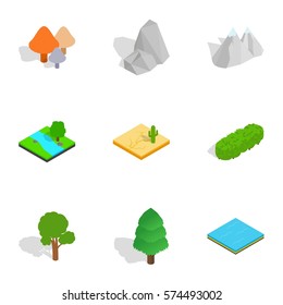 Summer landscape icons set. Isometric 3d illustration of 9 summer landscape vector icons for web