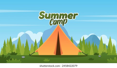 Ilustración de paisaje de verano para acampar o senderismo. día soleado con una tienda, montañas y bosque. Adecuado para carteles de eventos de camping, Anuncios y otros