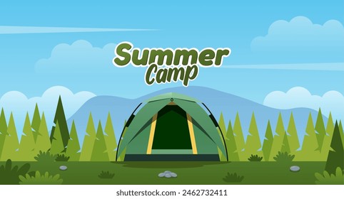 Ilustración de paisaje de verano para acampar o senderismo. día soleado con una tienda moderna, montañas y bosque. Adecuado para carteles de eventos de camping, Anuncios y otros