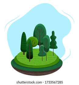 Summer landscape illustration. Different trees in green colors. Flat cartoon style vector illustration.