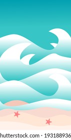 Ilustración del paisaje veraniego de estilo plano con playa de diseño, ola, pez estrella, arena. Fondo estético de vacaciones. Plantilla de banner para el tema del salvapantallas del teléfono móvil, pantalla de bloqueo y papel tapiz. 